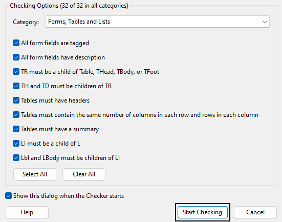 Acrobat's Accessibility Check dialog is open with all testing criteria selected. Start Checking button is circled in black