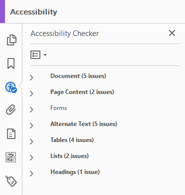 Acrobat Accessibility Checker panel showing a list of barriers