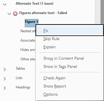 Acrobat Accessibility Checker with missing alt text issue expanded. Fix button is highlighted in expanded action menu