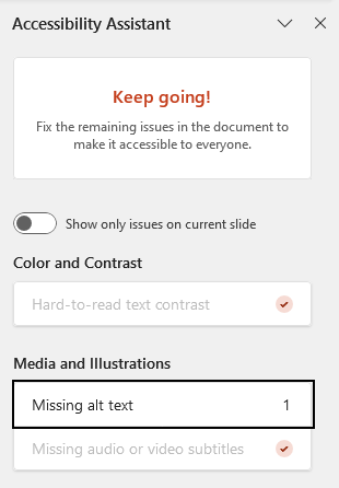 Microsoft PowerPoint application with accessibility check panel open. There is one issue identified, Missing alt text, outlined in black