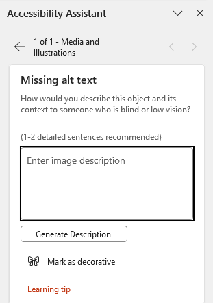 PowerPoint application with accessibility check panel open on Missing Alt Text issue. Empty Alt text field is outlined in black