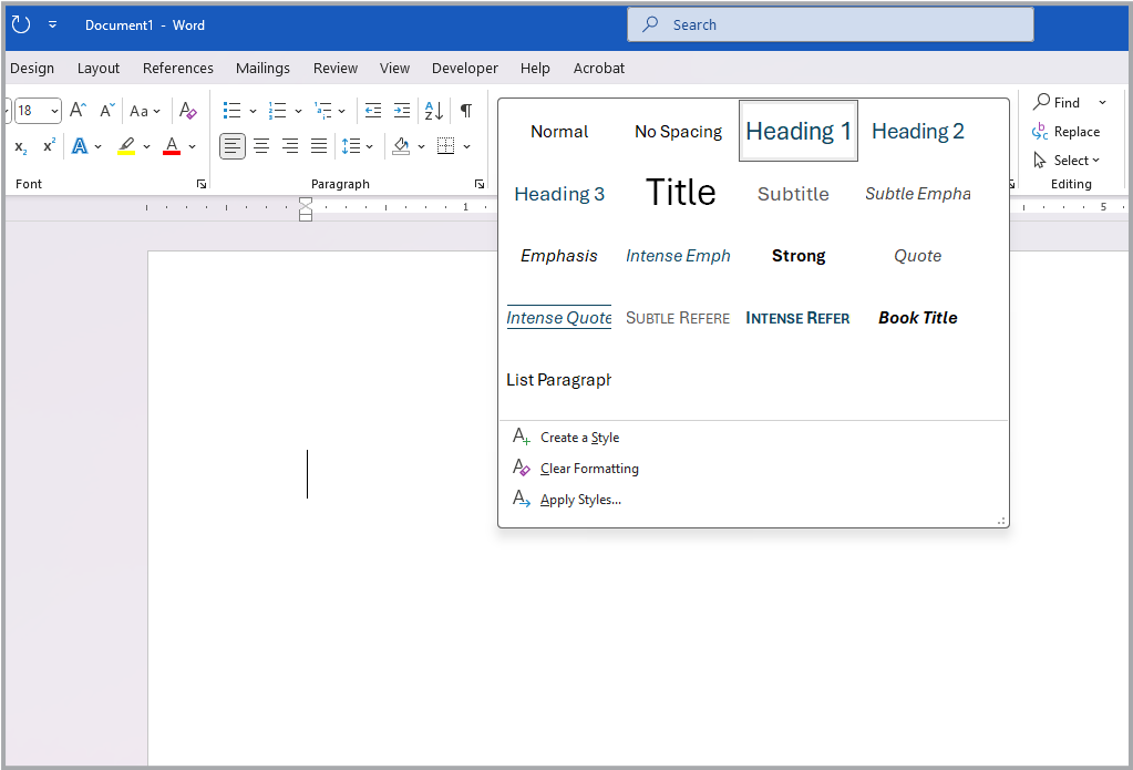 Heading styles pane open in Microsoft Word