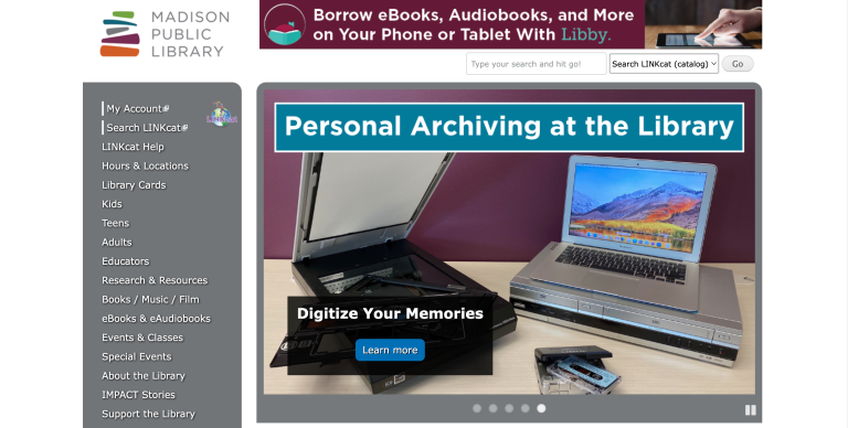 Madison Public Library home page showing image carousel, search bar, and left-hand navigation menu