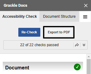 Grackle panel open in Google Docs. Export to PDF button is circled in black
